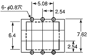 GU1b（6pin）標準P/C板端子 プリント板加工図（BOTTOM VIEW）