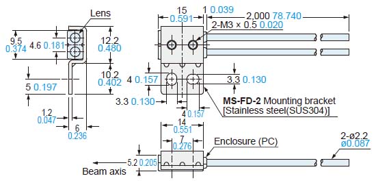 FD-Z50HW Assembly dimensions with MS-FD-2 (attached mounting bracket)