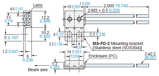 FR-Z50HW Assembly dimensions with MS-FD-2 (attached mounting bracket)
