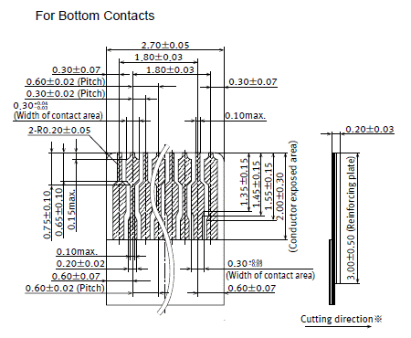 Y3B Recommended FPC dimensions No. of pins: Even number (8 pin contacts) For Bottom Contacts
