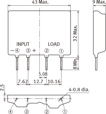 Input terminals distance 7.62 mm 3 A type External dimensions