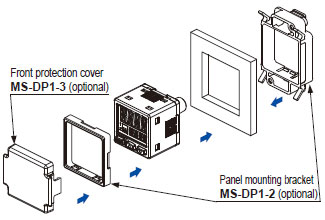 The MS-DP1-2 panel mounting bracket (optional) and the MS-DP1-3 front protection cover (optional)