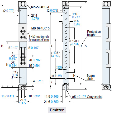 The figure depicts side mounting using the standard mounting bracket MS-SF4BC-1 (optional) and the intermediate supporting bracket for standard mounting bracket MS-SF4BC-5 (optional).