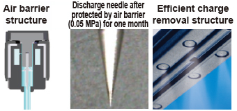 Discharge needle air barrier design for reduced contamination