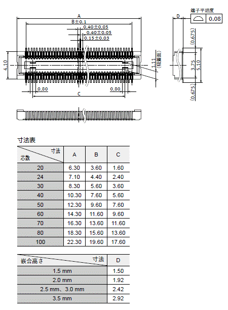 ソケット（嵌合⾼さ 1.5mm･2.0mm･2.5mm･3.0mm･3.5mm）外形寸法図