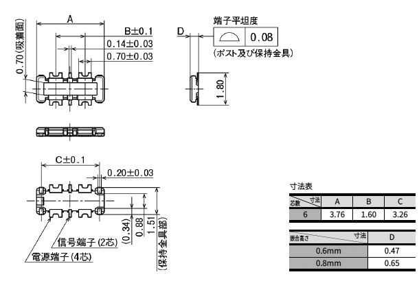 ヘッダ（嵌合⾼さ 0.6mm・0.8mm）外形寸法図 