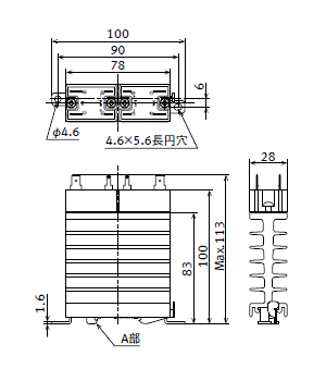 スリム放熱器一体型出力構成：1a×2 外形寸法図