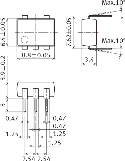 DIP6タイプ外形寸法図 標準P/C板端子 サーフェスマウント端子