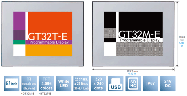 5.7형,TFT 흑백(백색/흑색)[GT32M-E만 해당],TFT 4,096색[GT32T-E만 해당],백색 LED,32문자×24행(10 도트 폰트),320×240 도트,USB,SDHC,세로 표시,IP67,24V DC