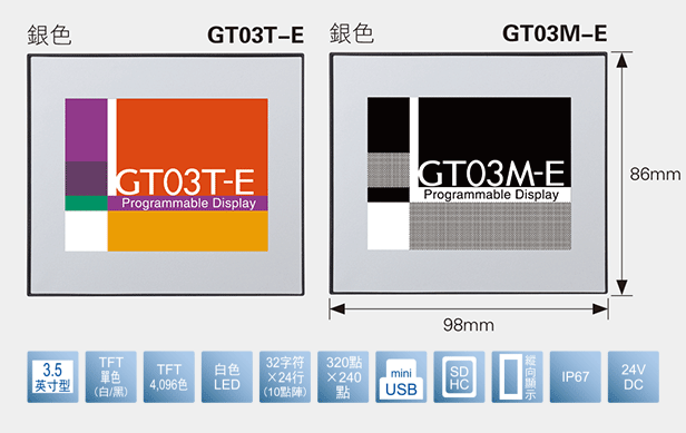 3.5型、TFT單色(白/黒)[僅限GT03M-E]、TFT4,096色[僅限GT03T-E]、白色LED、32文字×24行(10點陣)、320×240點、miniUSB、SDHC[僅限GT03T-E]、縱向顯示、IP67、24V DC