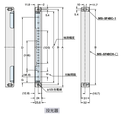 下圖所示為已安裝的金屬保護外觀MS-SF4BCH-□(另售)(註1)與標準安裝支架MS-SF4BC-1(另售)的狀態。